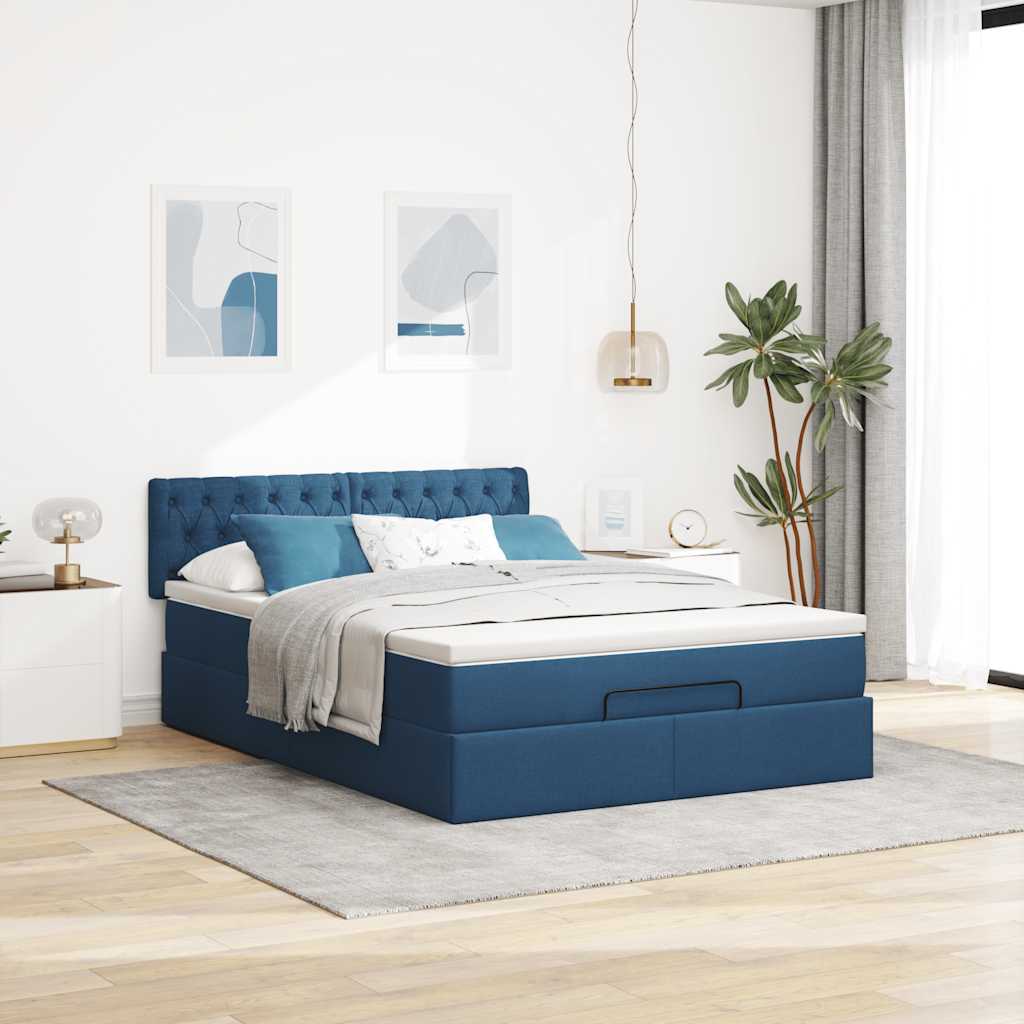 Ottomane Bett mit Matratze & LEDs Blau 140x190 cm Stoff