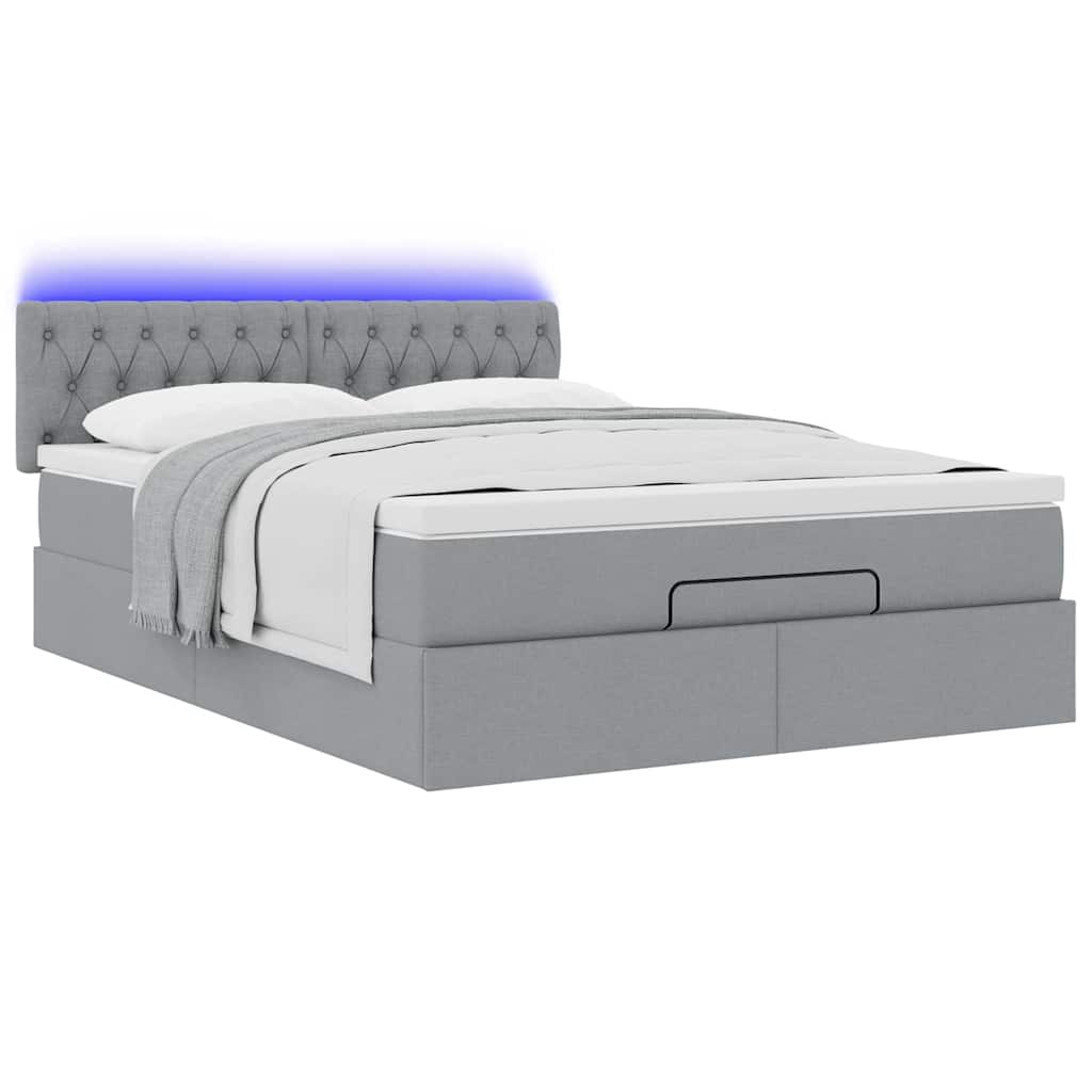 Ottoman-Bett mit Matratze & LEDs Hellgrau 140x200 cm Stoff