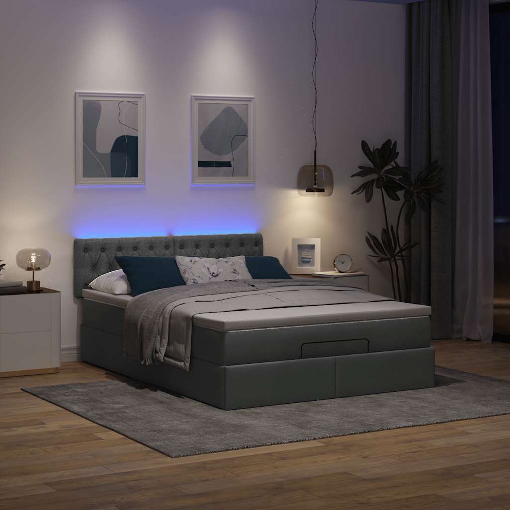Ottomane Bett mit Matratze & LEDs Dunkelgrau 140x200 cm Stoff