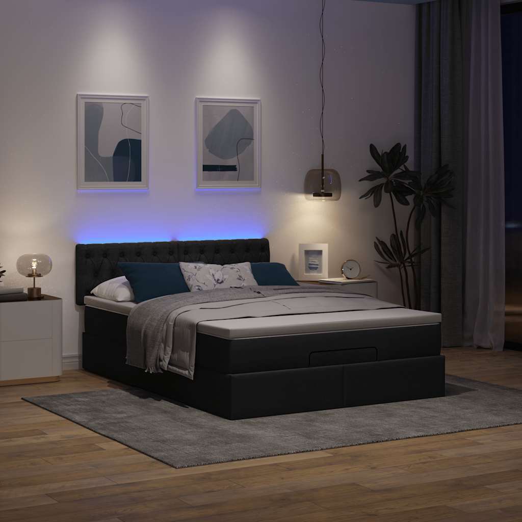 Ottomane Bett mit Matratze & LEDs Schwarz 140x200 cm Stoff