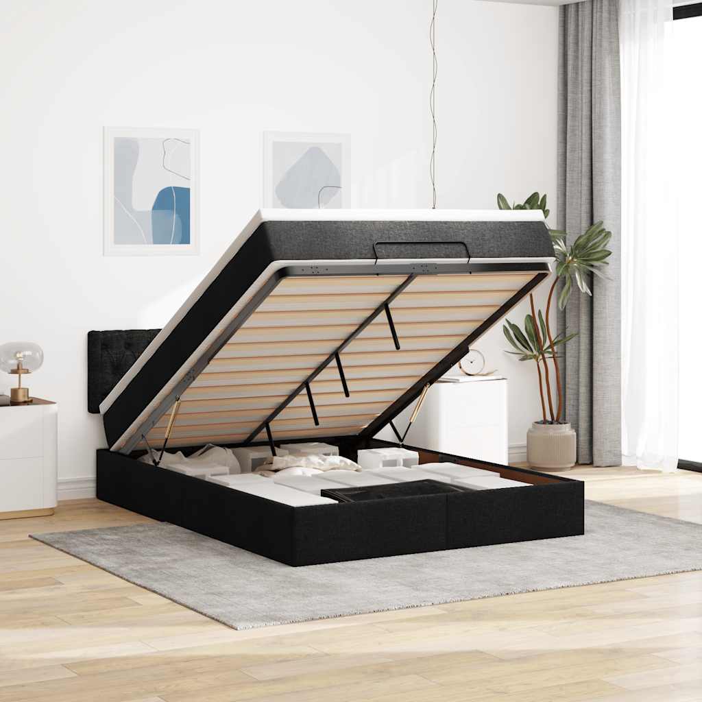 Ottomane Bett mit Matratze & LEDs Schwarz 140x200 cm Stoff