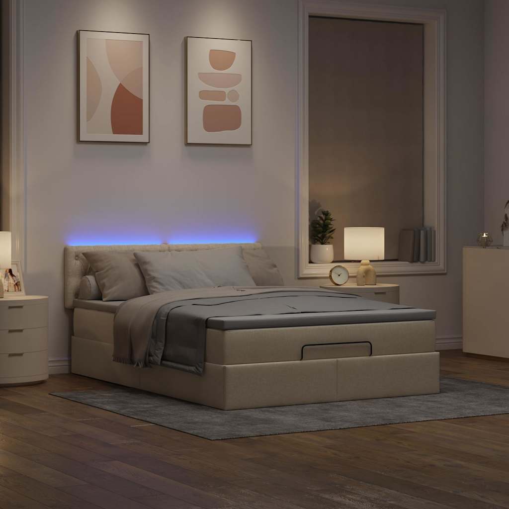 Lit ottoman avec matelas et LED tissu crème 140x200 cm