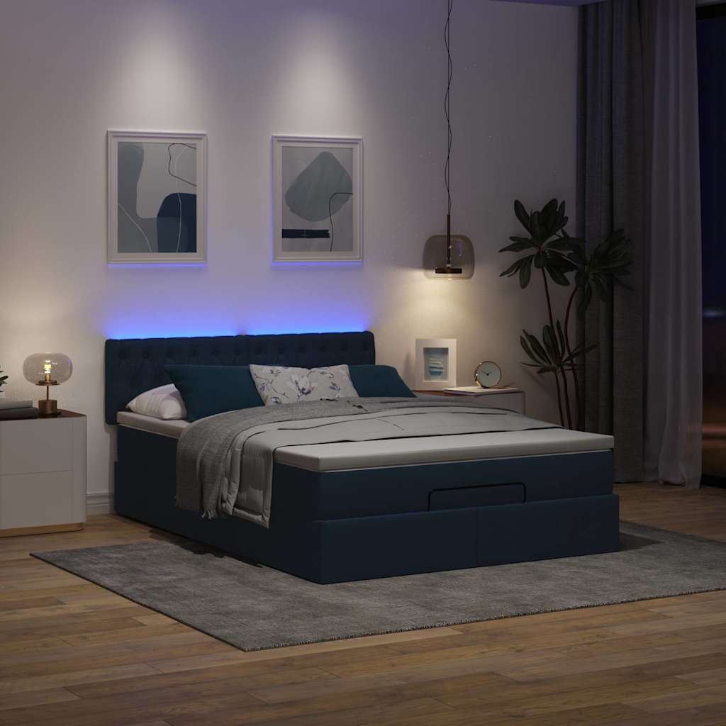 Ottoman-Bett mit Matratze & LEDs Blau 140x200 cm Stoff