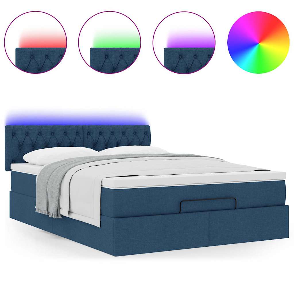 Ottoman-Bett mit Matratze & LEDs Blau 140x200 cm Stoff