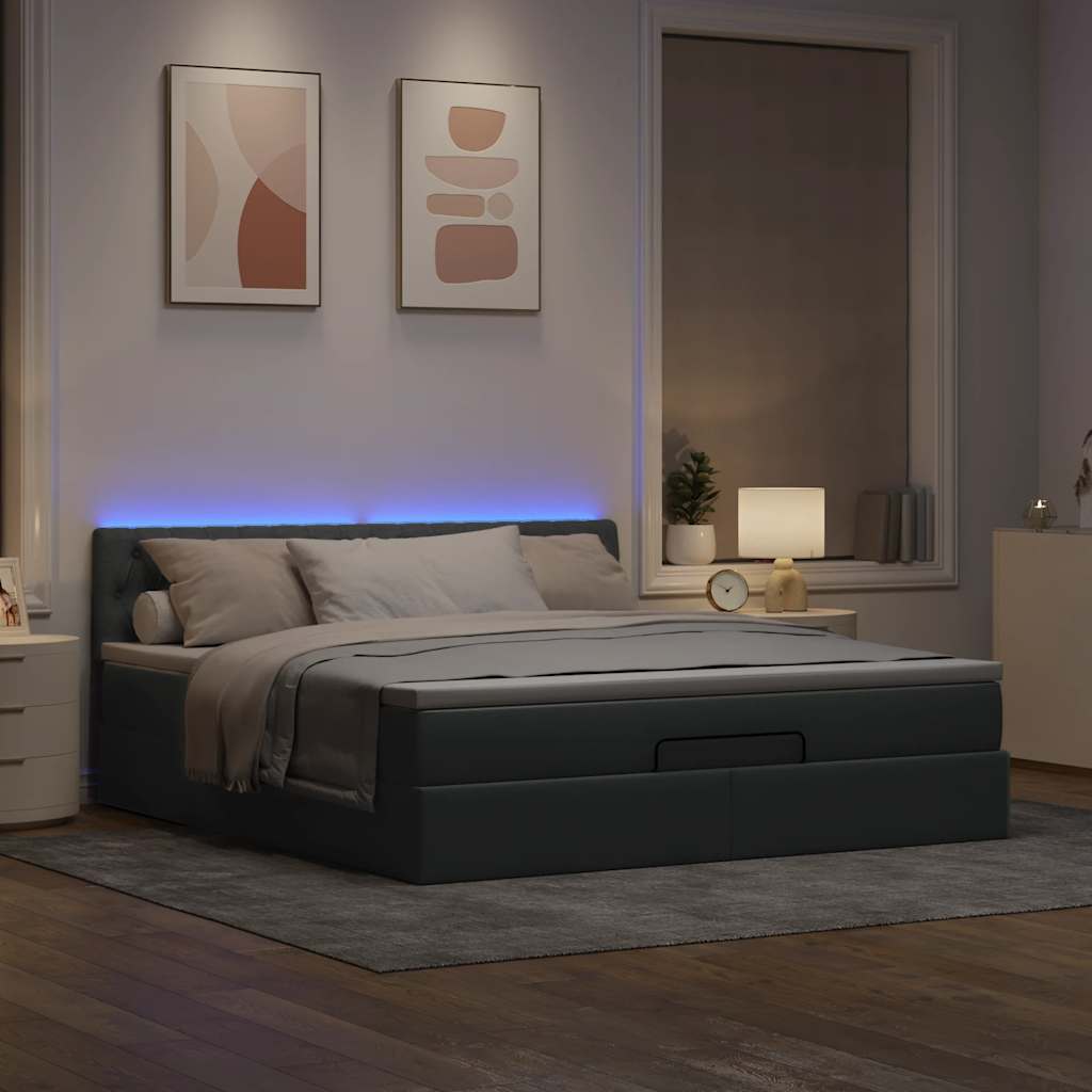 Lit ottoman avec matelas et LED tissu gris clair 180x200 cm