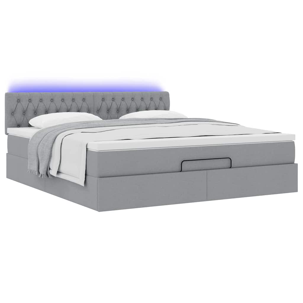 Lit ottoman avec matelas et LED tissu gris clair 180x200 cm
