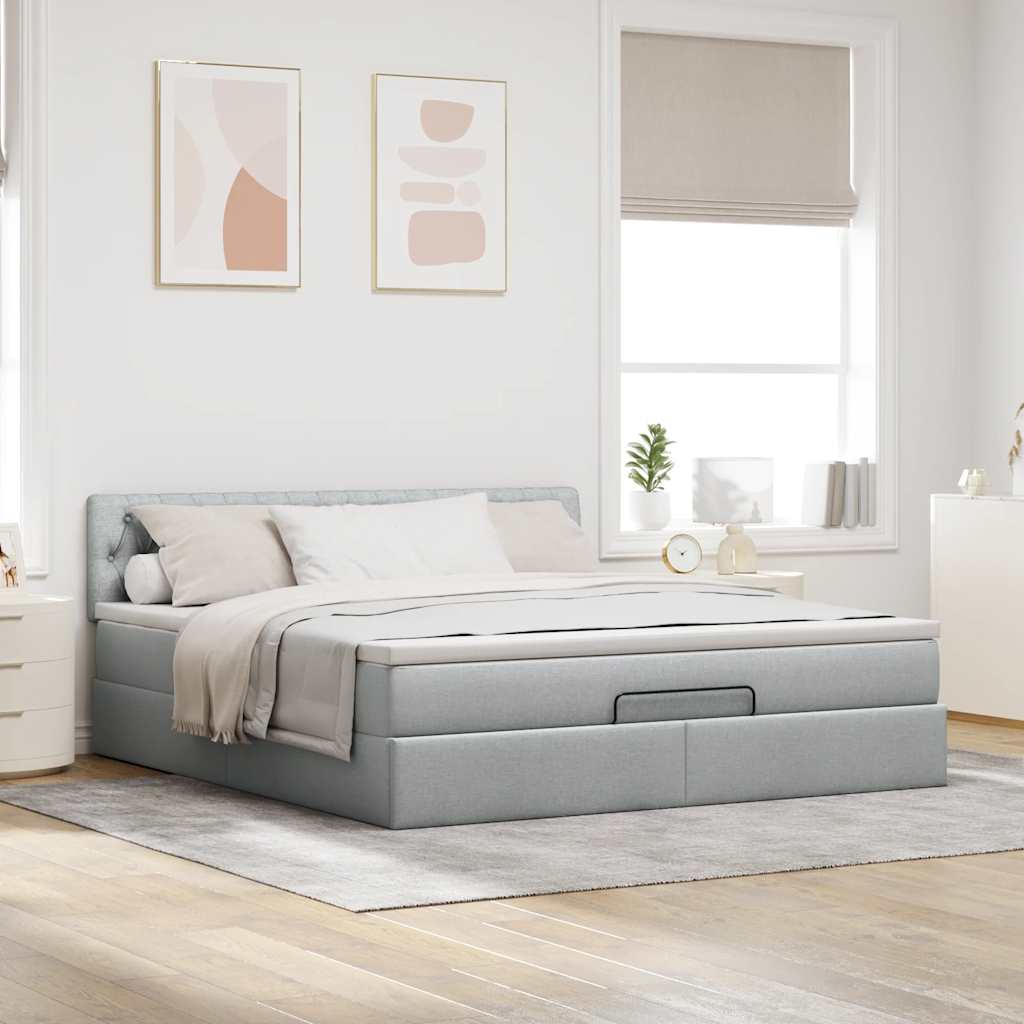 Lit ottoman avec matelas et LED tissu gris clair 180x200 cm