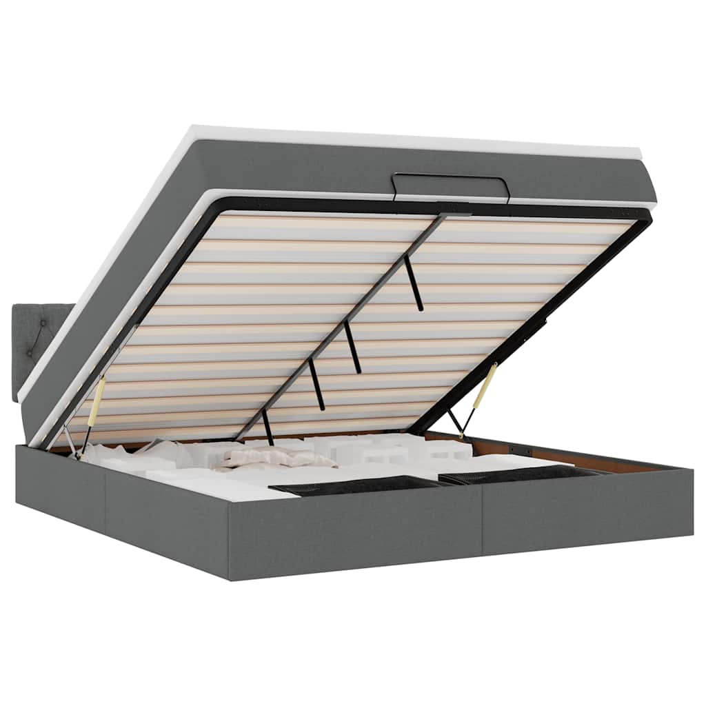 Lit ottoman avec matelas et LED tissu gris foncé 180x200 cm
