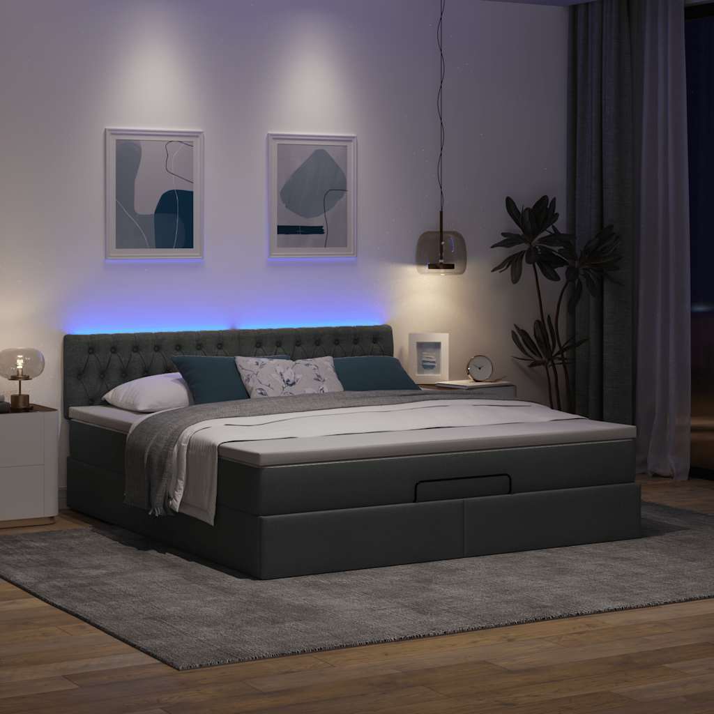 Lit ottoman avec matelas et LED tissu gris foncé 180x200 cm