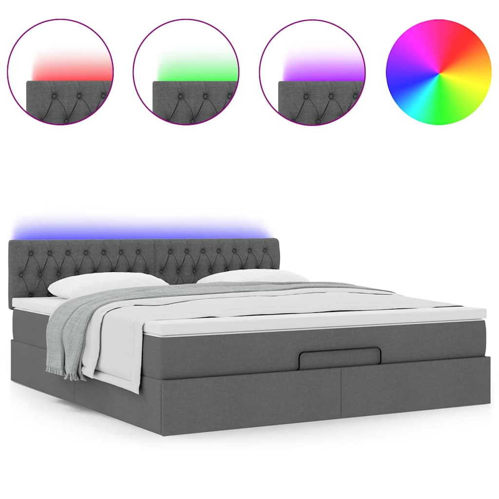 Lit ottoman avec matelas et LED tissu gris foncé 180x200 cm