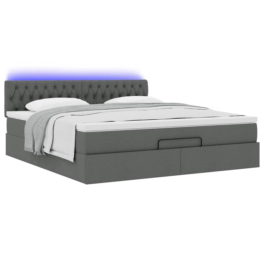 Lit ottoman avec matelas et LED tissu gris foncé 180x200 cm