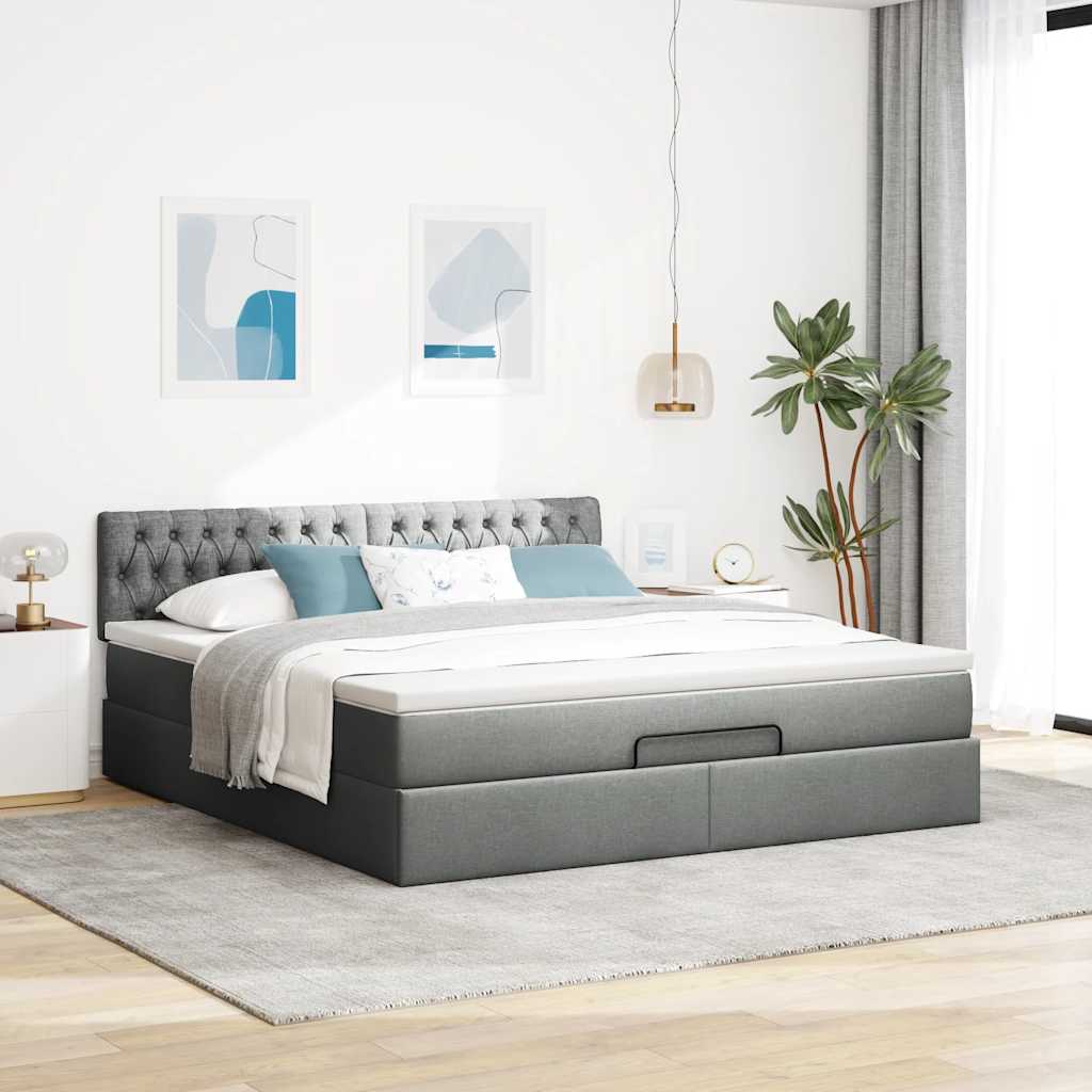 Ottomane Bett mit Matratze & LEDs Dunkelgrau 180x200 cm Stoff