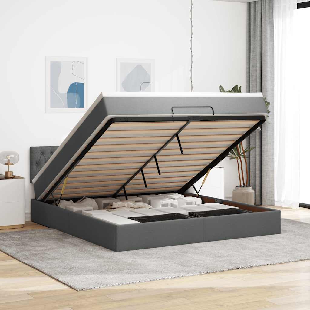 Ottomane Bett mit Matratze & LEDs Dunkelgrau 180x200 cm Stoff