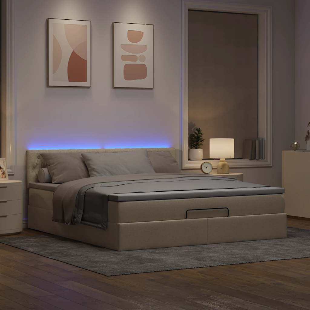 Ottomane Bett mit Matratze & LEDs Creme 180x200 cm Stoff