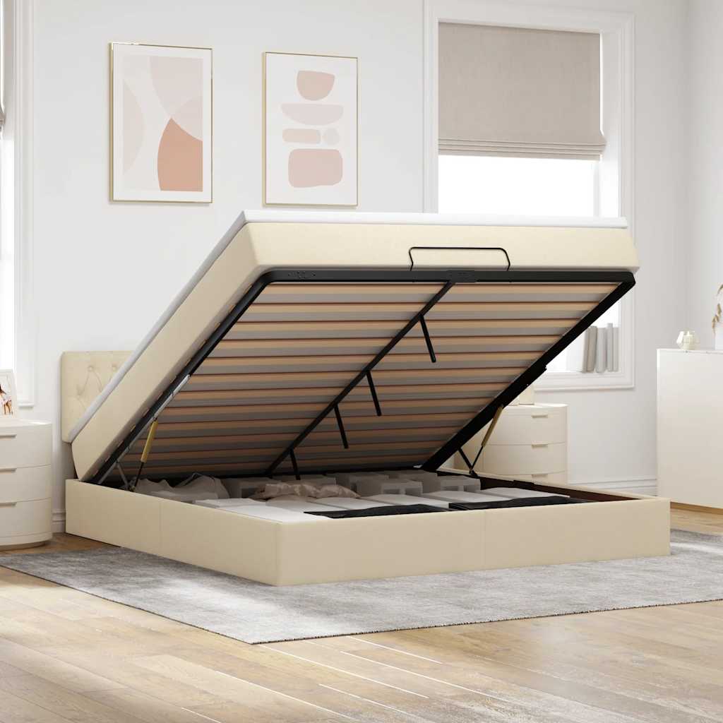 Ottomane Bett mit Matratze & LEDs Creme 180x200 cm Stoff