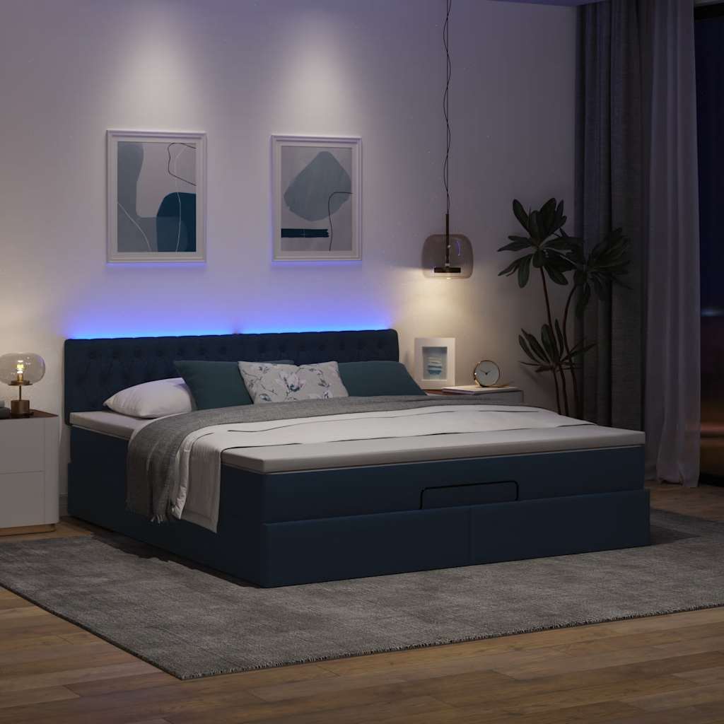 Ottomane Bett mit Matratze & LEDs Blau 180x200 cm Stoff