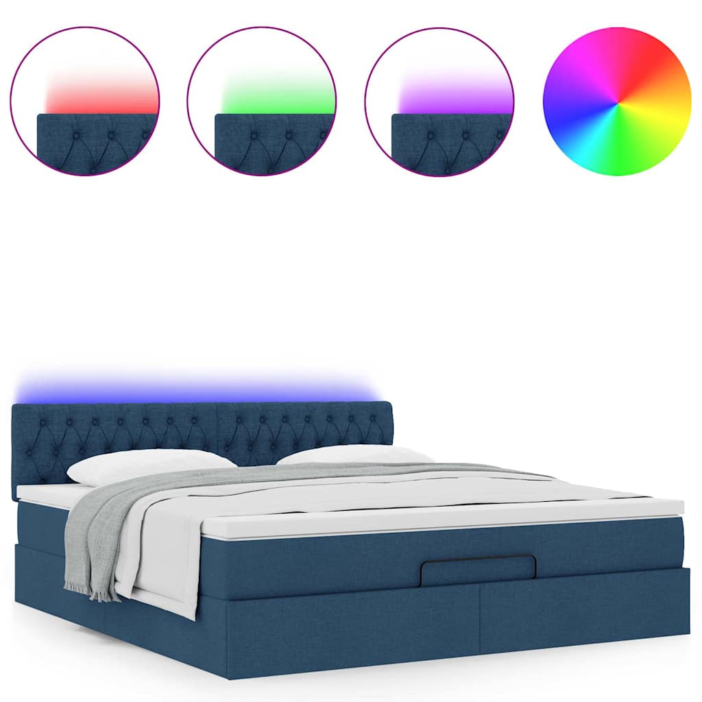 Ottomane Bett mit Matratze & LEDs Blau 180x200 cm Stoff