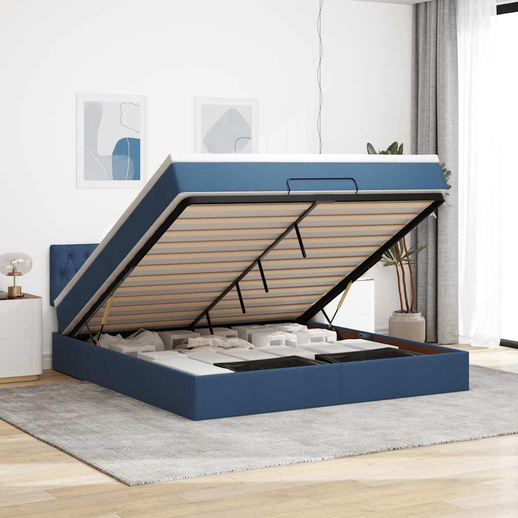 Ottomane Bett mit Matratze & LEDs Blau 180x200 cm Stoff