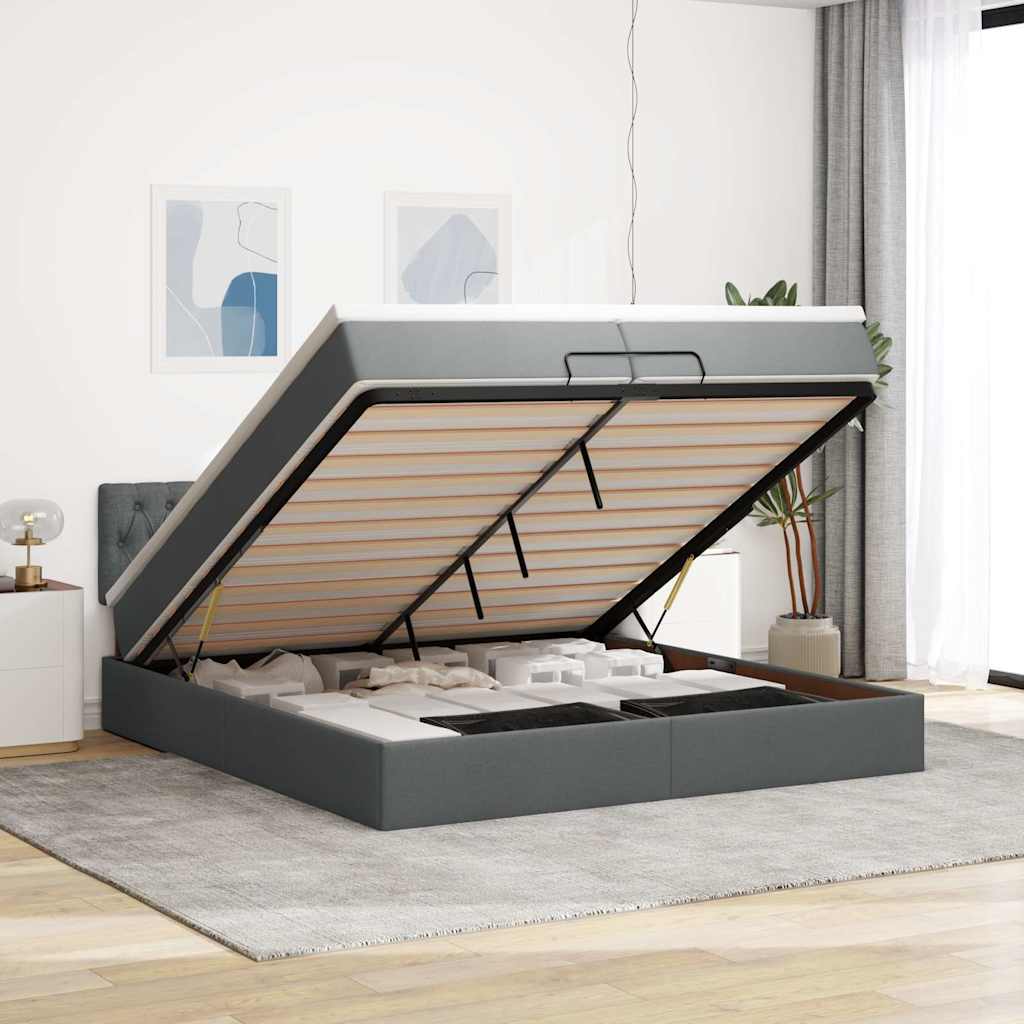 Ottoman-Bett mit Matratzen & LEDs Dunkelgrau 200x200 cm Stoff