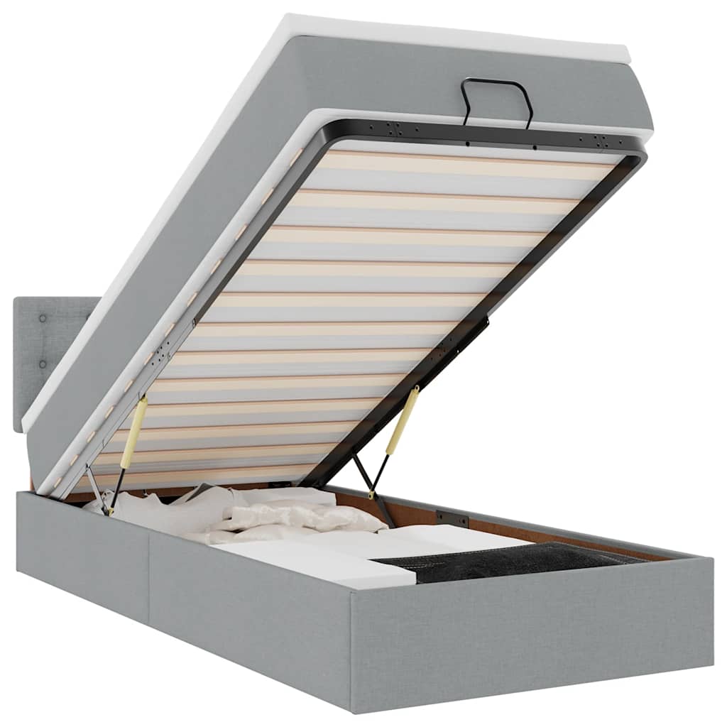 Ottoman-Bett mit Matratze & LEDs Hellgrau 90x190 cm Stoff