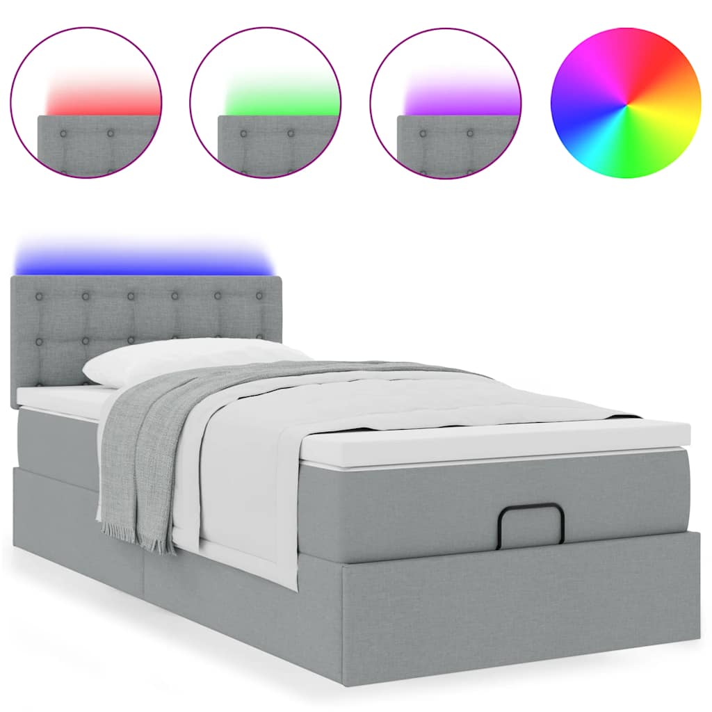 Ottoman-Bett mit Matratze & LEDs Hellgrau 90x190 cm Stoff