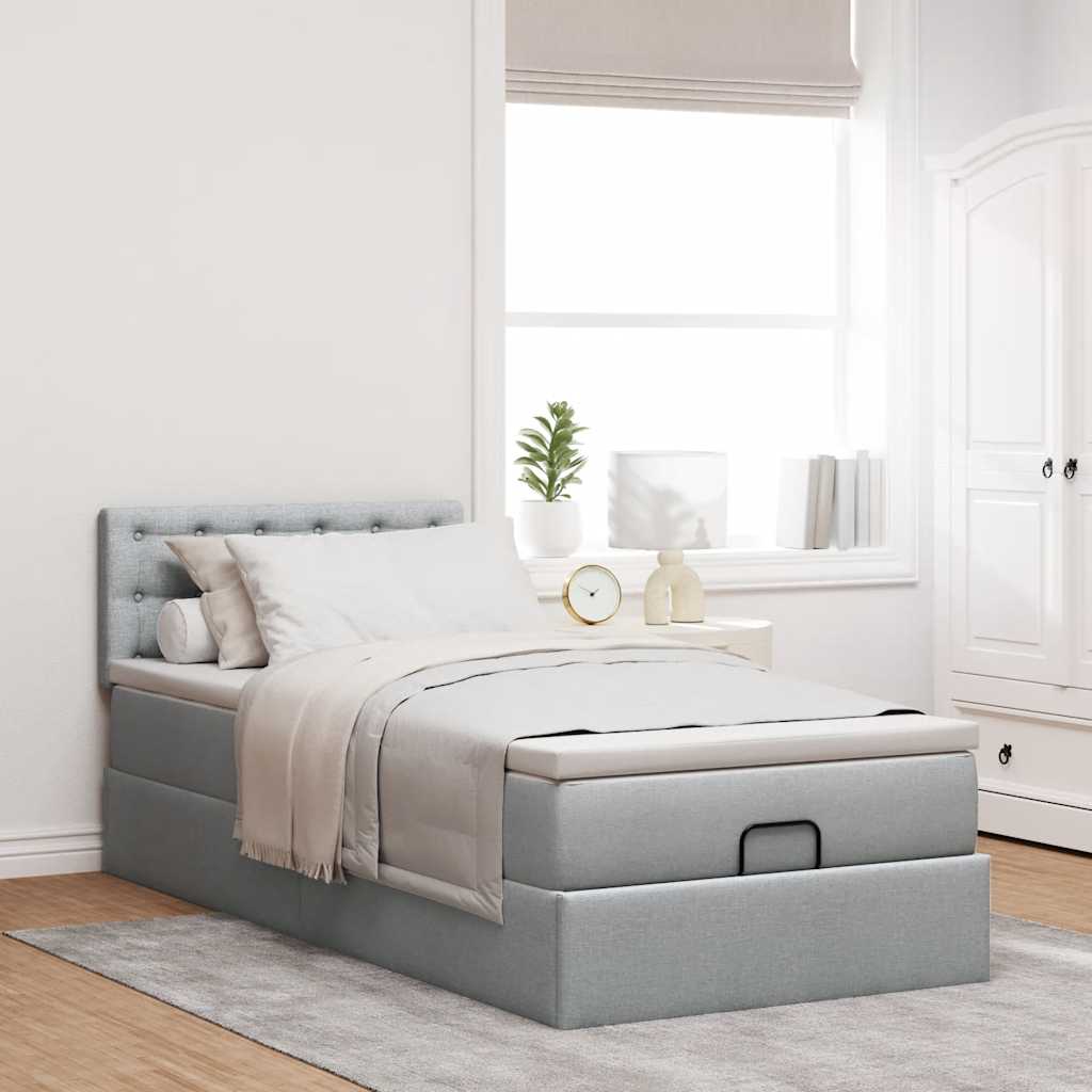 Ottoman-Bett mit Matratze & LEDs Hellgrau 90x190 cm Stoff