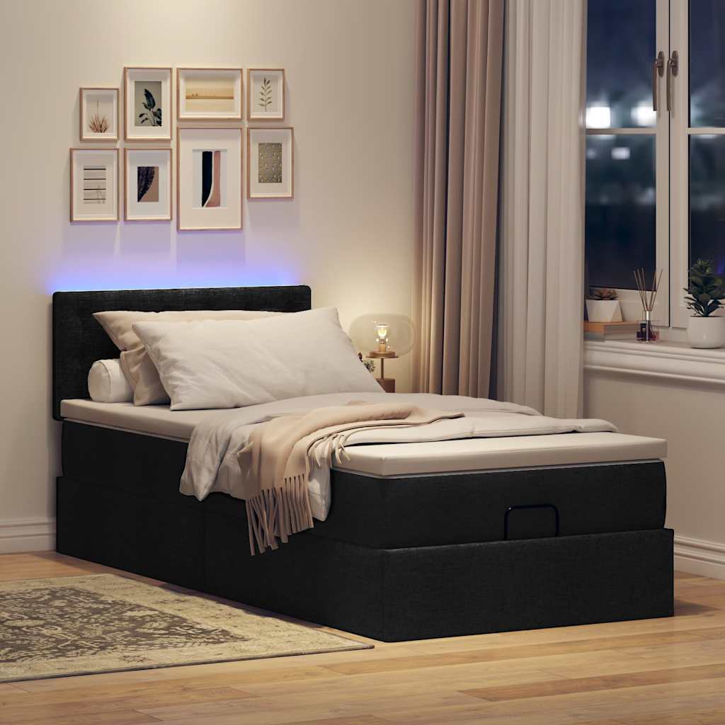 Ottoman-Bett mit Matratze & LEDs Schwarz 90x190 cm Stoff