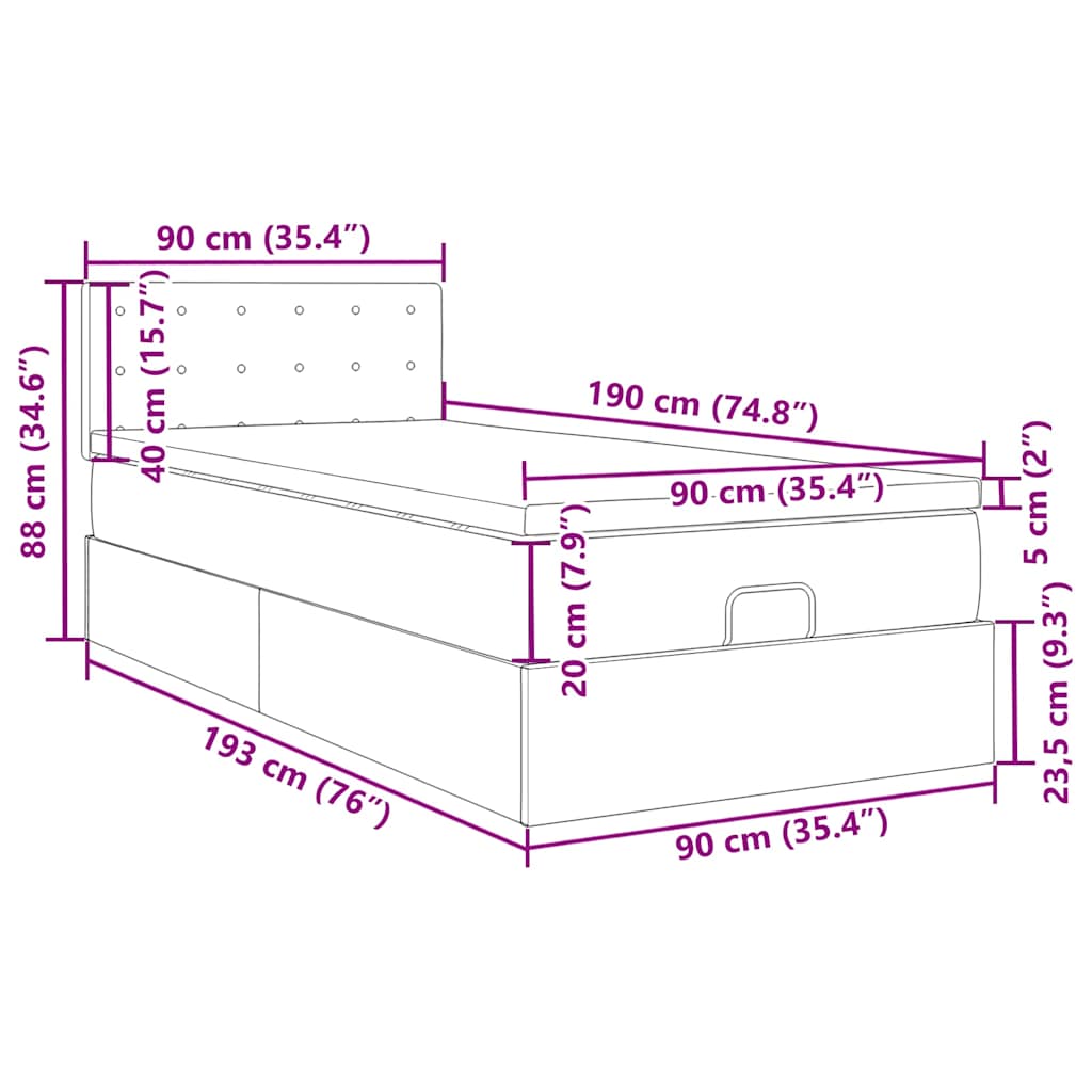 Ottoman-Bett mit Matratze & LEDs Schwarz 90x190 cm Stoff