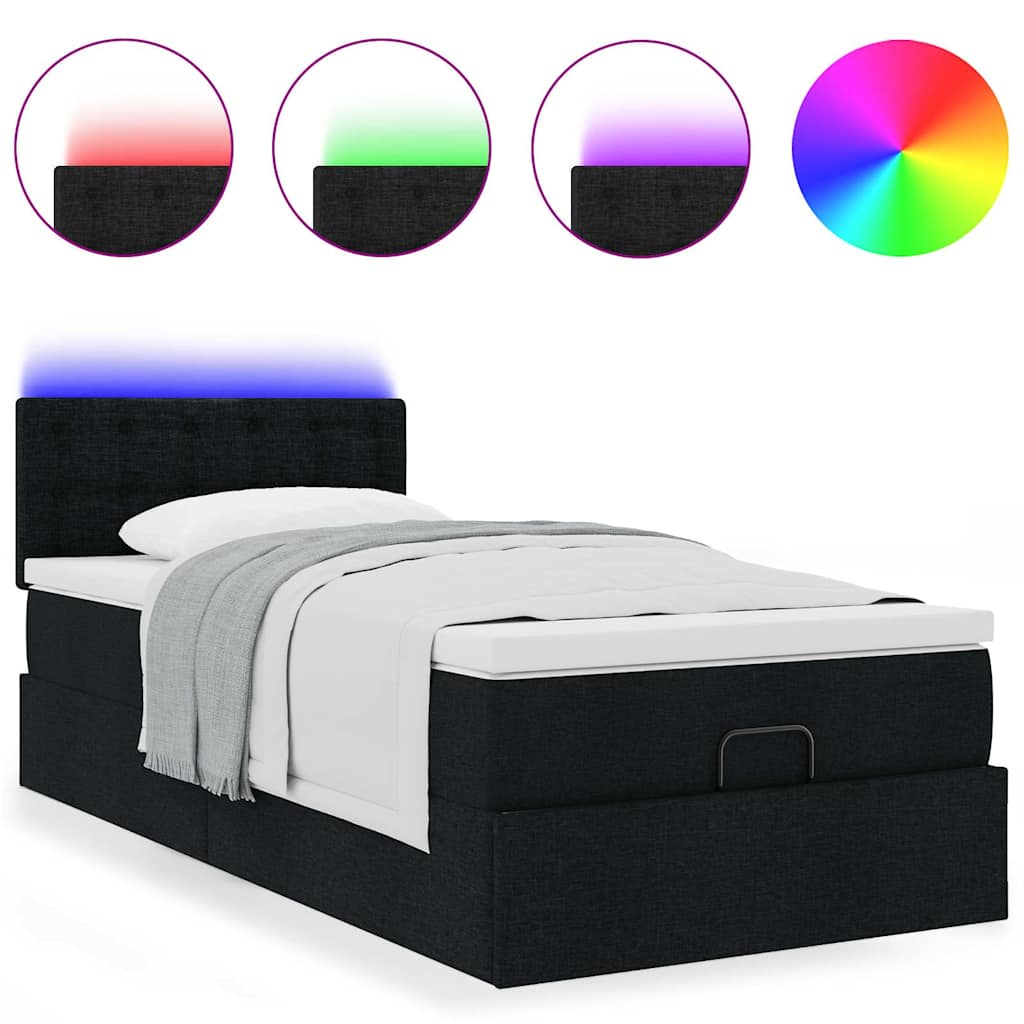 Ottoman-Bett mit Matratze & LEDs Schwarz 90x190 cm Stoff