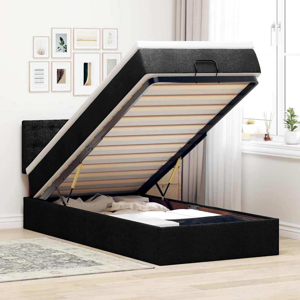 Ottoman-Bett mit Matratze & LEDs Schwarz 90x190 cm Stoff