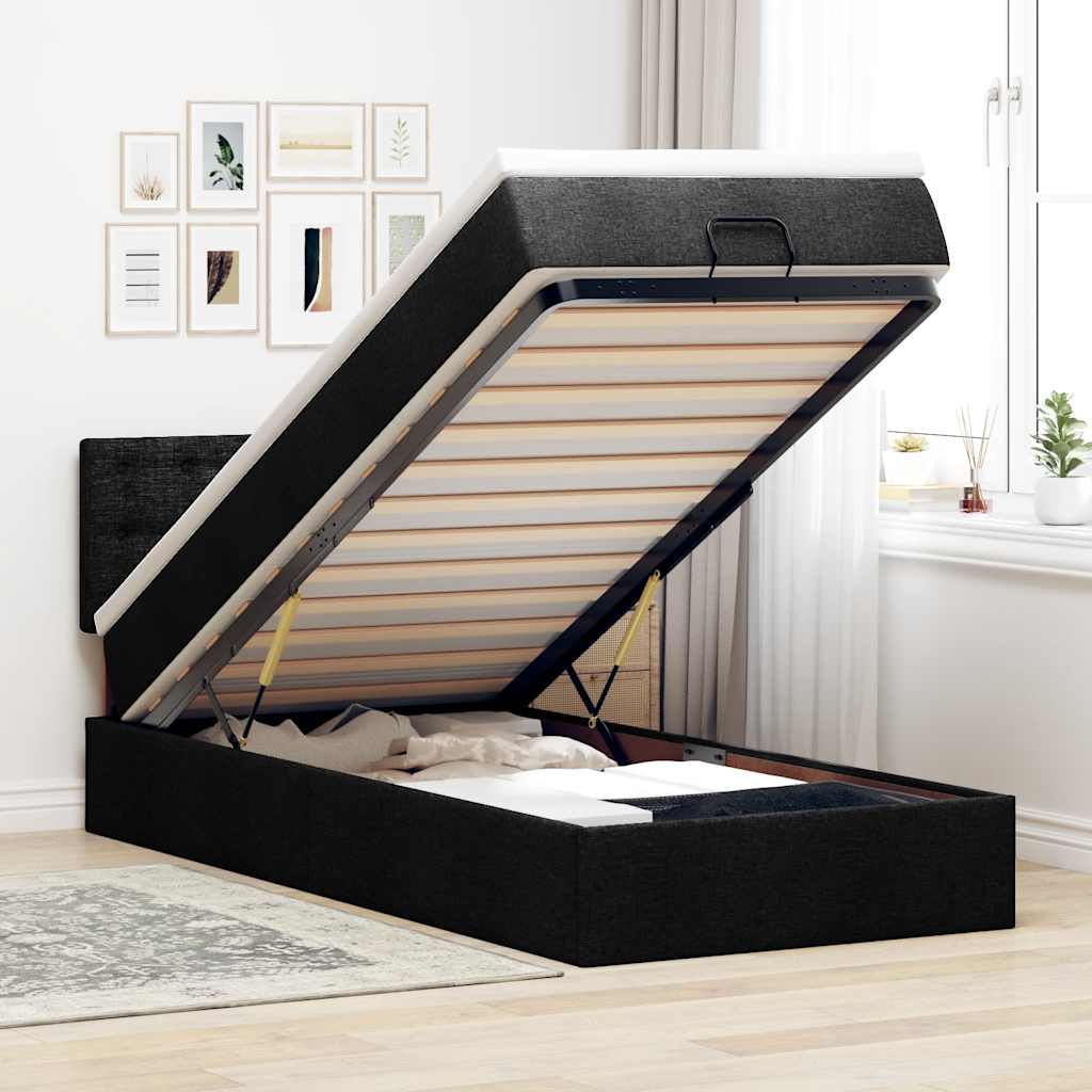 Ottoman-Bett mit Matratze & LEDs Schwarz 90x200 cm Stoff