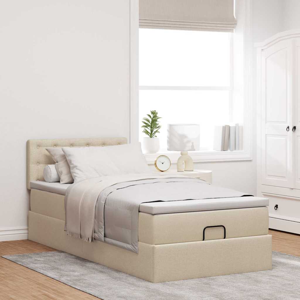 Ottomane Bett mit Matratze & LEDs Creme 90x200 cm Stoff