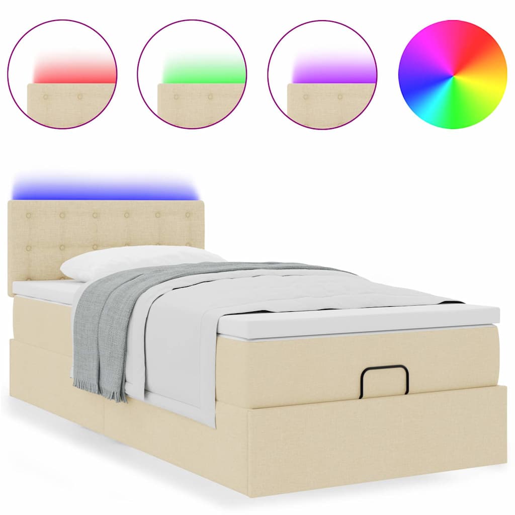 Ottomane Bett mit Matratze & LEDs Creme 90x200 cm Stoff