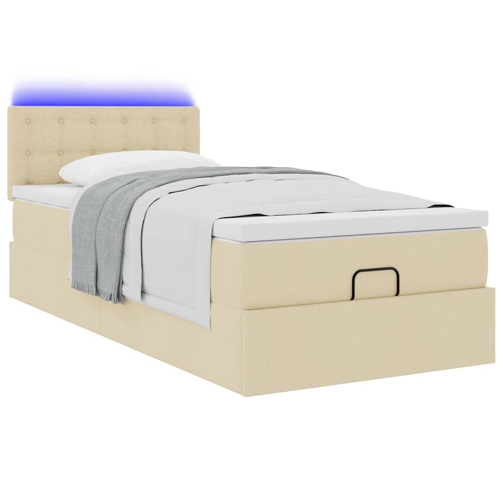 Ottomane Bett mit Matratze & LEDs Creme 90x200 cm Stoff