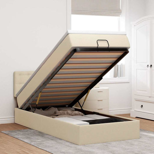 Ottomane Bett mit Matratze & LEDs Creme 90x200 cm Stoff