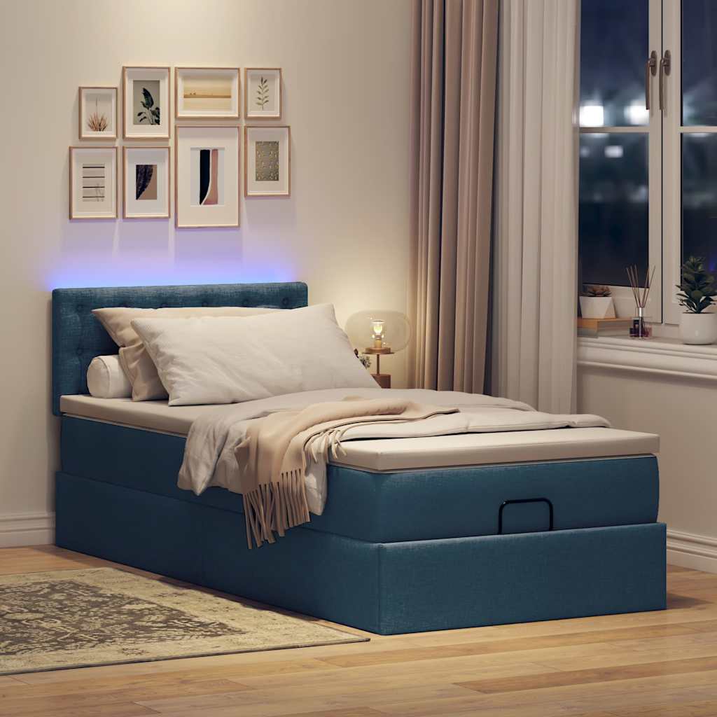 Ottomane Bett mit Matratze & LEDs Blau 90x200 cm Stoff
