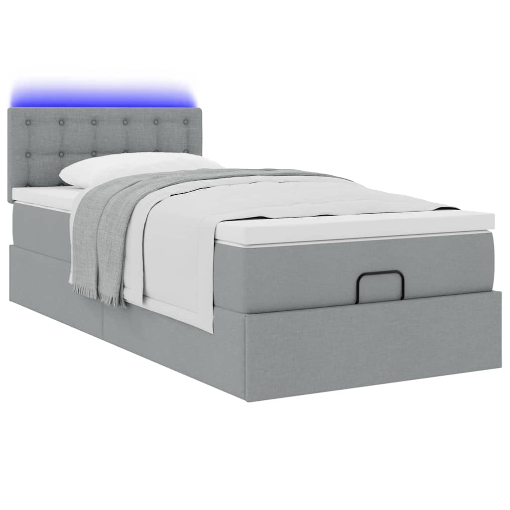 Ottoman-Bett mit Matratze & LEDs Hellgrau 100x200 cm Stoff
