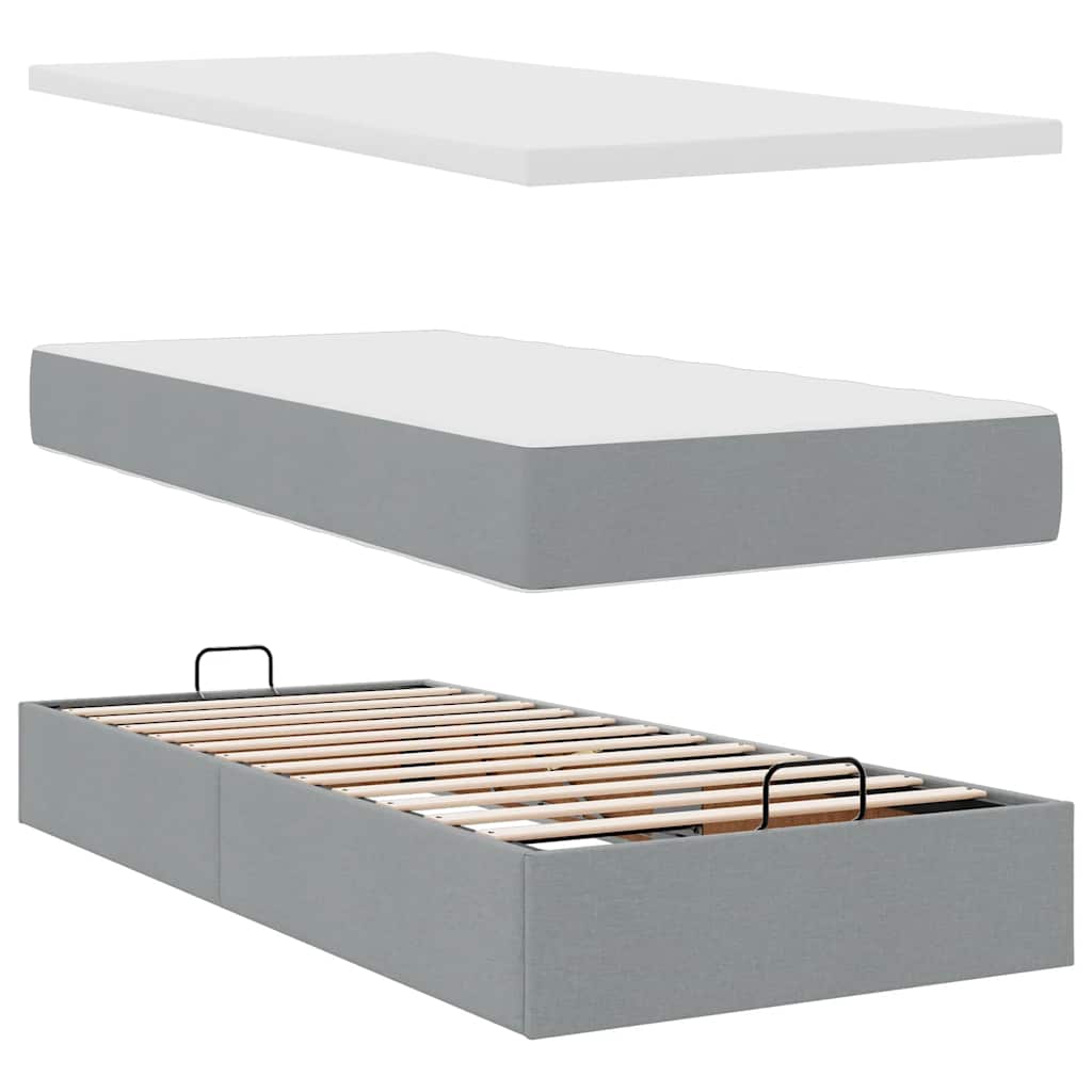 Lit ottoman avec matelas et LED gris clair 100x200 cm tissu