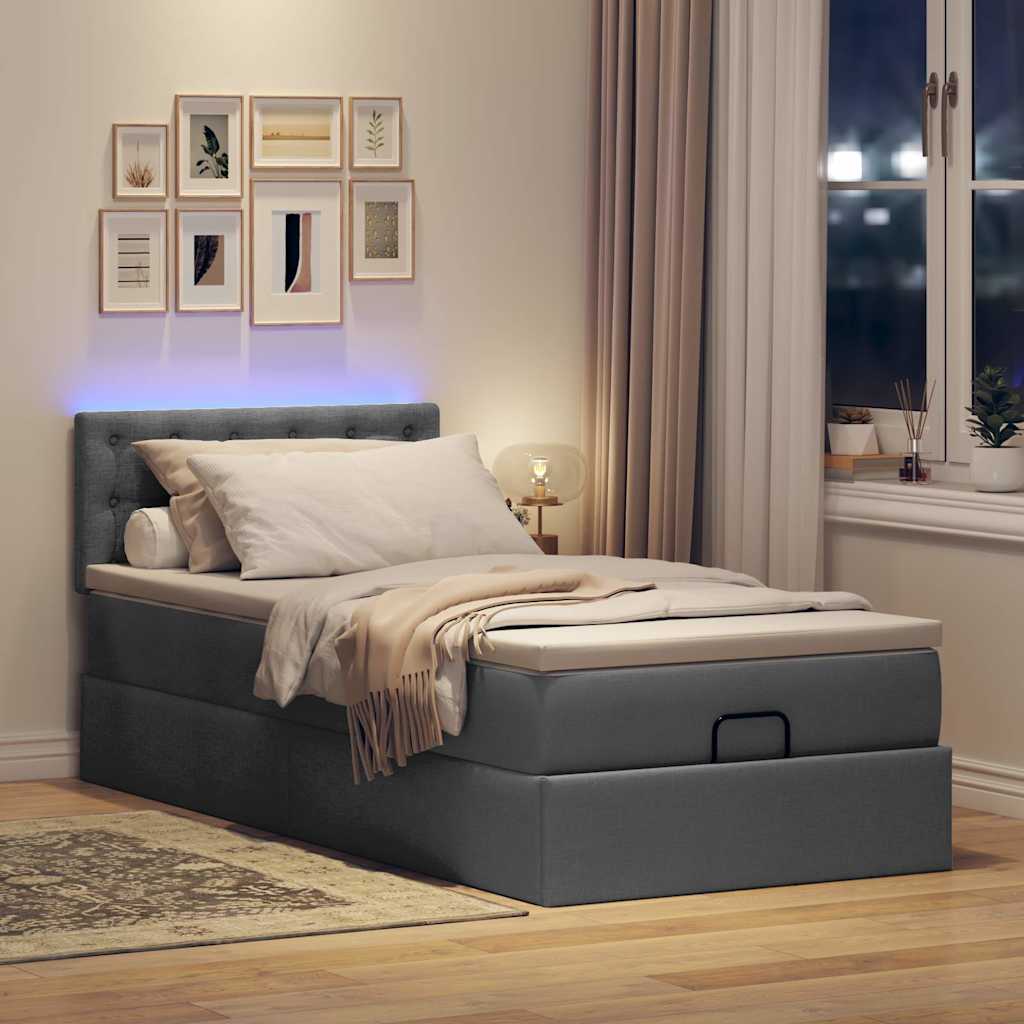 Lit ottoman avec matelas et LED tissu gris foncé 100x200 cm