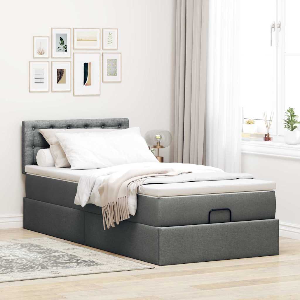 Lit ottoman avec matelas et LED tissu gris foncé 100x200 cm