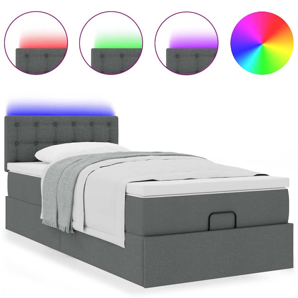 Lit ottoman avec matelas et LED tissu gris foncé 100x200 cm