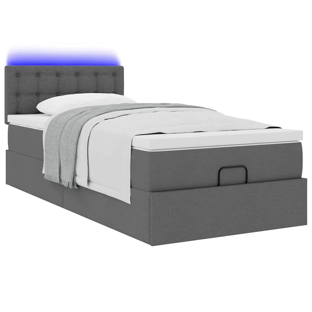Lit ottoman avec matelas et LED tissu gris foncé 100x200 cm