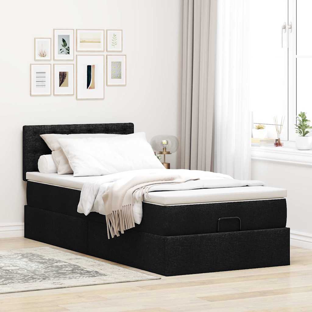 Ottoman-Bett mit Matratze & LEDs Schwarz 100x200 cm Stoff