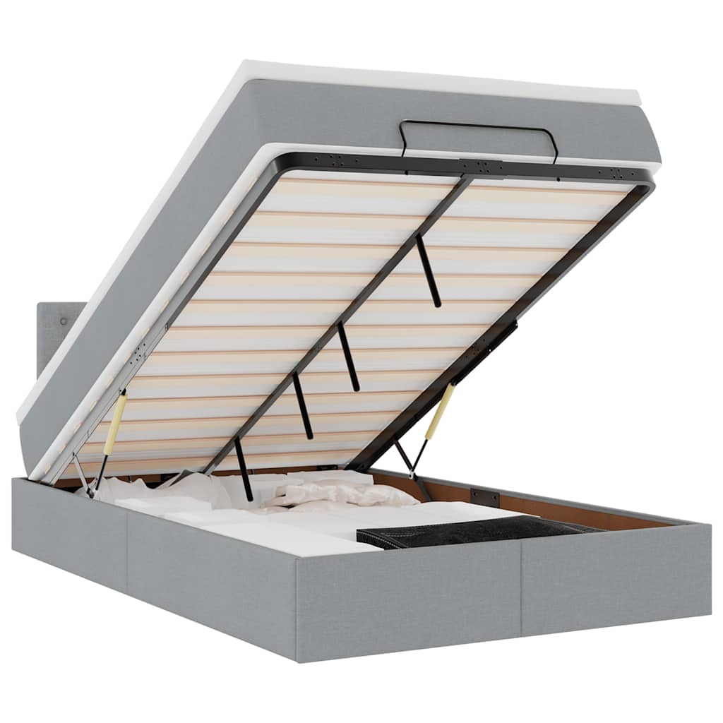 Ottoman-Bett mit Matratze & LEDs Hellgrau 120x190 cm Stoff