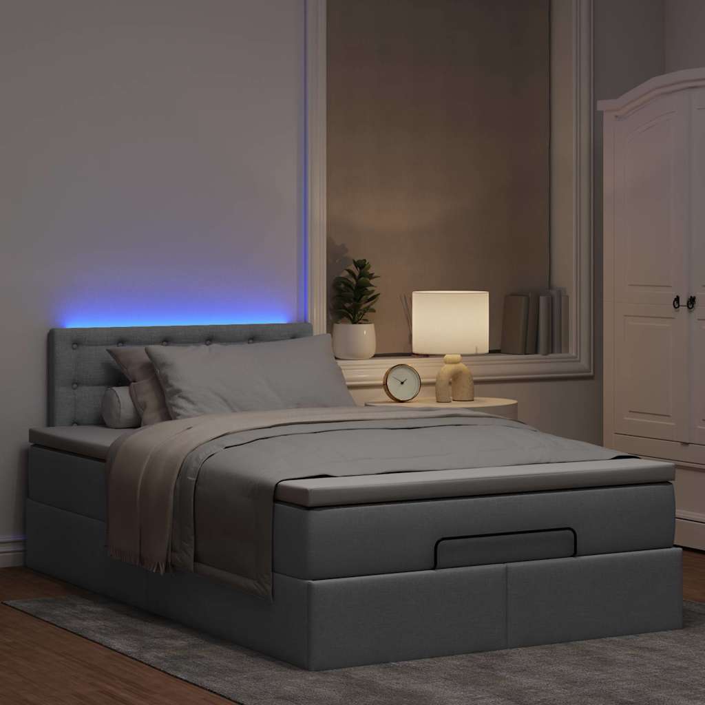 Ottoman-Bett mit Matratze & LEDs Hellgrau 120x190 cm Stoff
