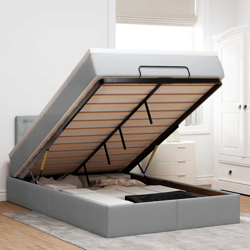 Ottoman-Bett mit Matratze & LEDs Hellgrau 120x190 cm Stoff