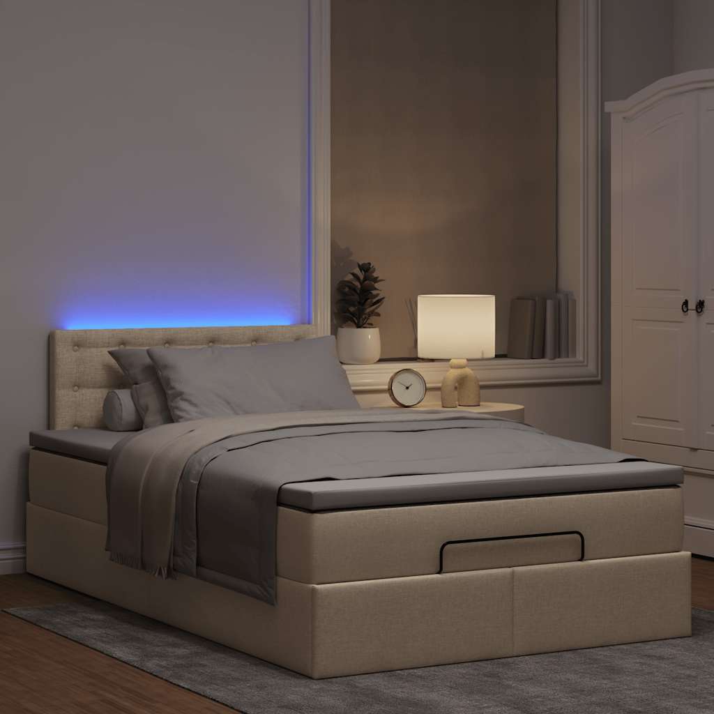 Ottomane Bett mit Matratze & LEDs Creme 120x190 cm Stoff
