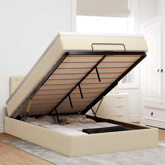 Ottomane Bett mit Matratze & LEDs Creme 120x190 cm Stoff