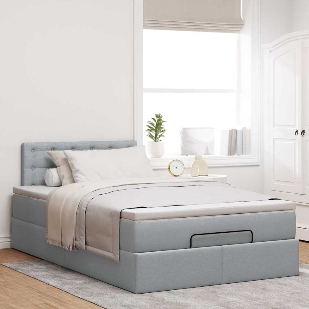 Lit ottoman avec matelas et LED tissu gris clair 120x200 cm