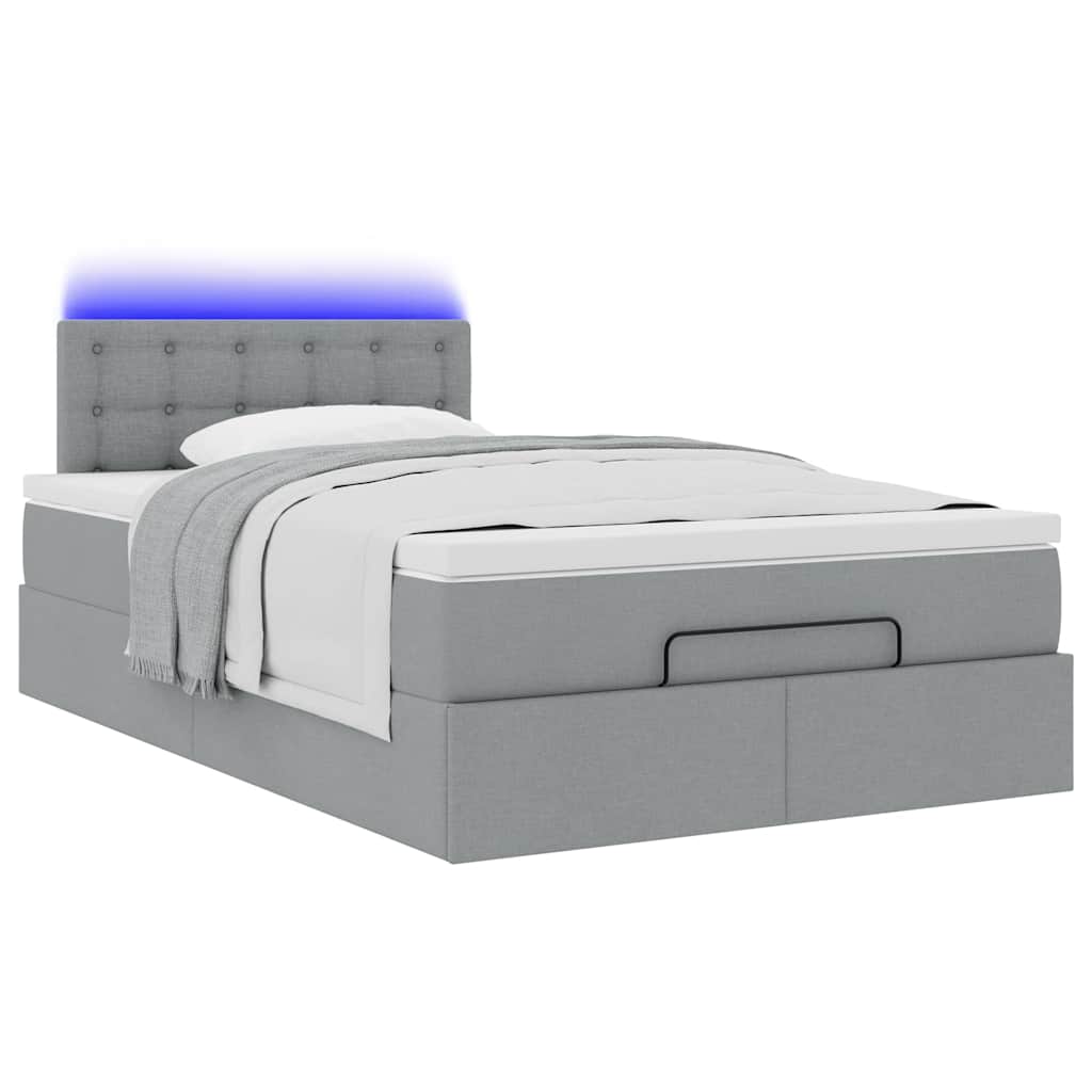 Lit ottoman avec matelas et LED tissu gris clair 120x200 cm